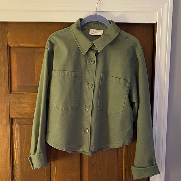 Z supply all day Olive Green denim cropped Jacket large - Picture 1 of 3